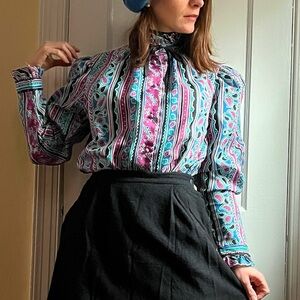 Cristin Stevens Vintage High Neck Lightweight Paisley Stripe Ruffle Blouse Top